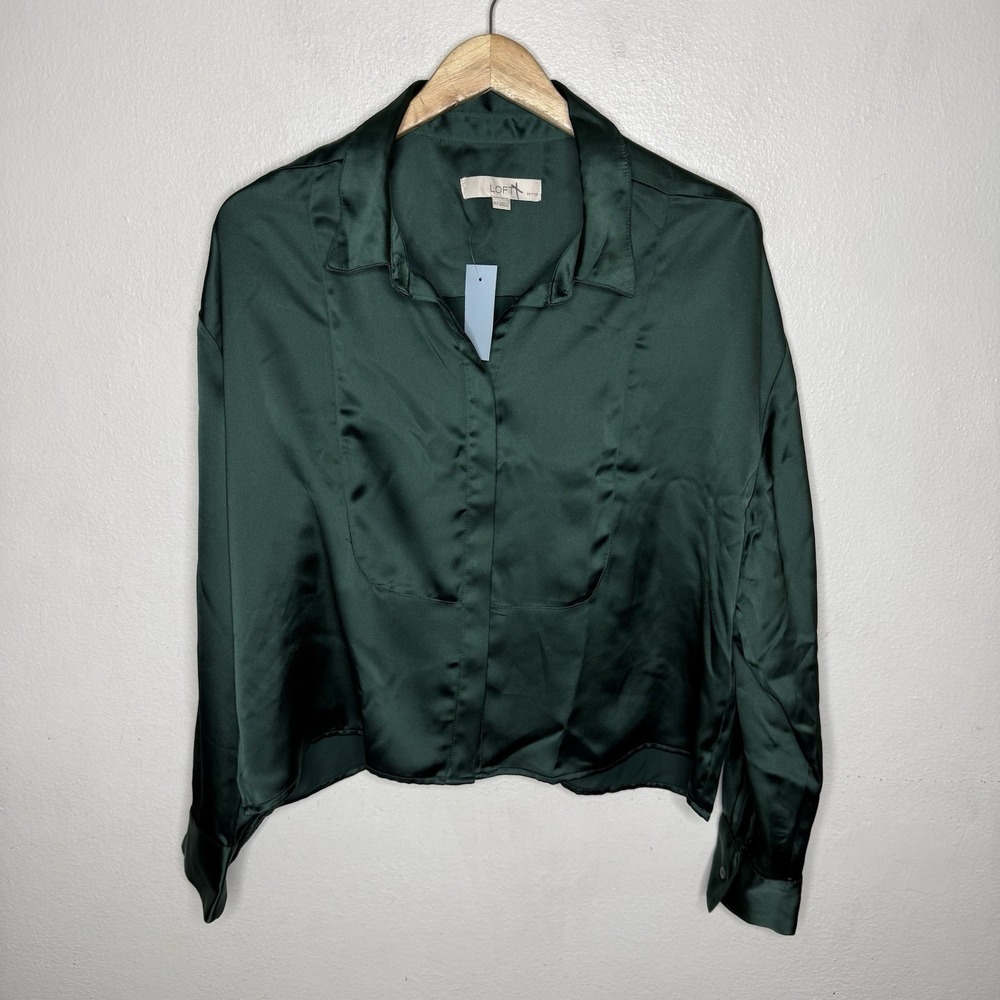 New Loft Green Satin Modern Bib Shirt Women's Petite XL Button Up Blouse Holiday